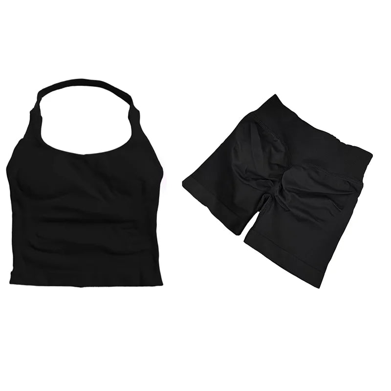 Yoga Sets Women Gym Clothes Longline Strappy Top High Waist Shorts Activewear 2 Piece Set Fitness Suit Running Workout Suits