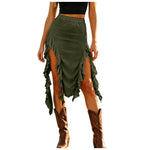 Women Western Boho Midi Skirt High Waist Ruffled Asymmetrical Hem Slit Flowy Summer Skirts Casual Cowgirl Style Streetwear Y2k