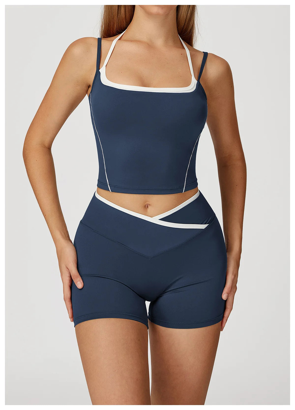Yoga Shorts Sets Fake Two Piece Hanging Neck Shockproof Vest High Waist Pants Fitness Suit Breathable Women's Tight Sports Set