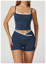 Yoga Shorts Sets Fake Two Piece Hanging Neck Shockproof Vest High Waist Pants Fitness Suit Breathable Women's Tight Sports Set