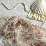 Vintage Mesh Floral Print Cover Up 3 Piece Bikinis Sets 2026 Women Ruffles Push Up Thong Swimsuit Beach Bathing Suit Swimwear