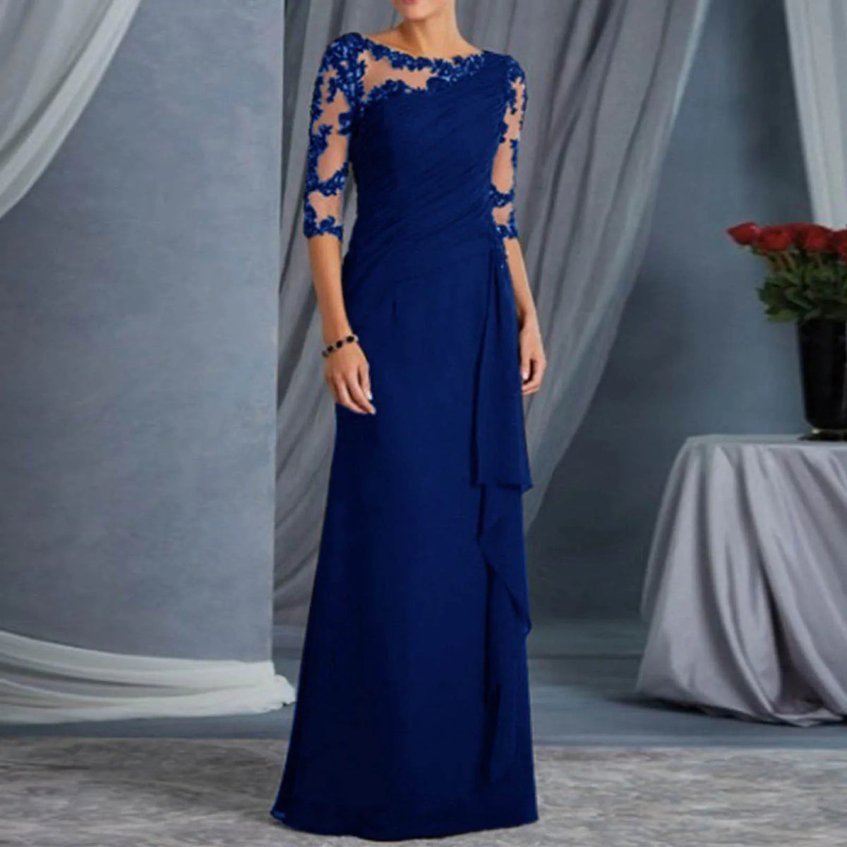 Women Elegant Lace Long Dress Sexy See Through Round Neck Mid Sleeve Dress Solid Color Evening Party Prom Dress Cocktail Gown
