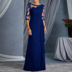 Women Elegant Lace Long Dress Sexy See Through Round Neck Mid Sleeve Dress Solid Color Evening Party Prom Dress Cocktail Gown