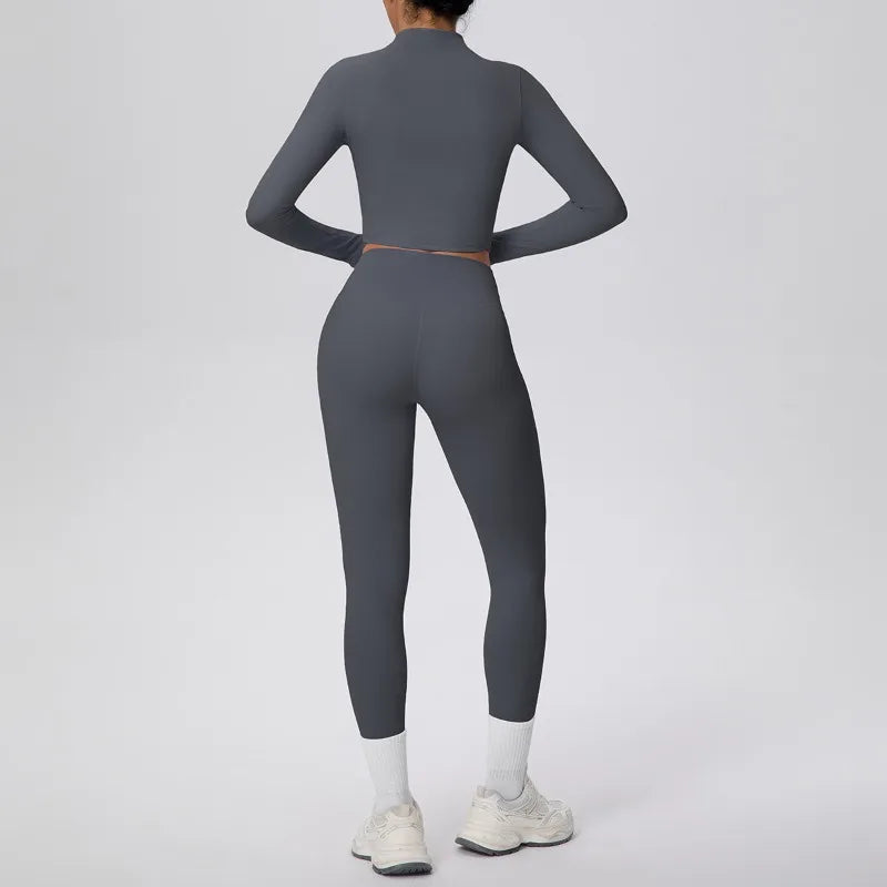 New Women Yoga Set Solid Color Double-Sided Brushed Bare Feel Short Long-Sleeve Jacket Tight Pants Running Fitness 2-Piece Set