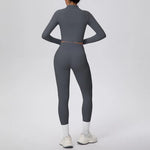 New Women Yoga Set Solid Color Double-Sided Brushed Bare Feel Short Long-Sleeve Jacket Tight Pants Running Fitness 2-Piece Set