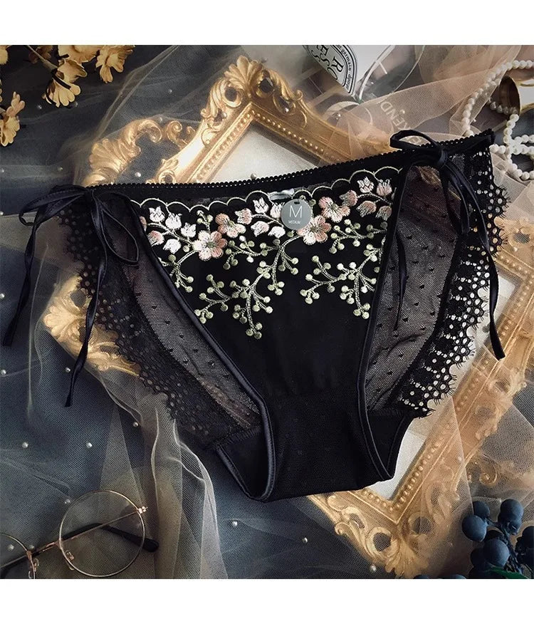 Lace-up Briefs Transparent Lace Panties Women Lingerie Sexy Underwear Low Waist Ropa Mujer Floral Embroidery Lenceria Femenina