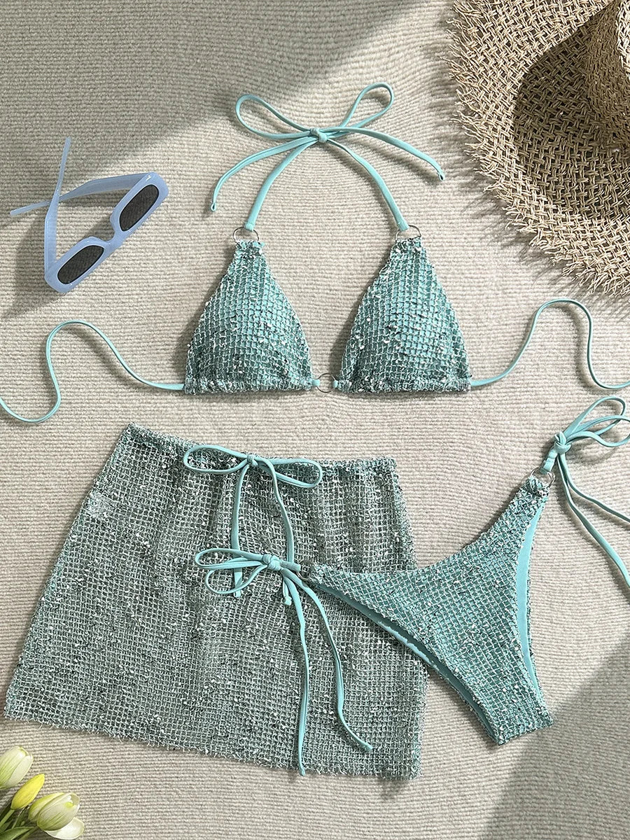 With Mesh Sarong Skirt Halter Bikini Women Swimwear Female Swimsuit Three-pieces Bikini Set Fishnet Bathing Suit Swim Beachwear