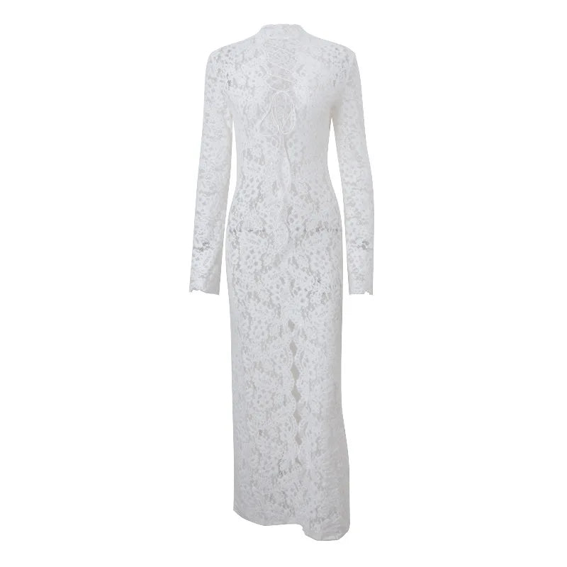 Woman Dress Clothing V-neck White Lace Dress 2025 Vestidos Para Mujer Fall Lace-up High Slit Slim LongEvening Party Dresses