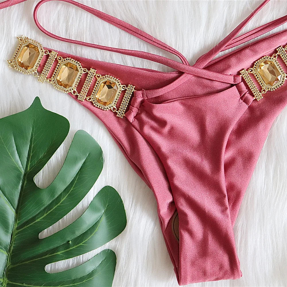 3 Colors Sexy Bikini Women Swimwear Swimsuit Luxe Crystal Diamond Halter Bandage Solid Bikinis Set Bathing Suit Beachwear Female