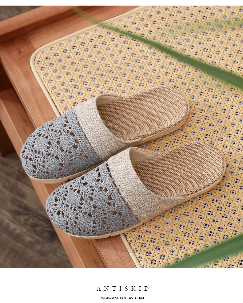 Women Indoor Linen Slippers 2025 Spring Summer Shoes Anti-slip Light Weight Breathable Lace Couples Home Floor Slides