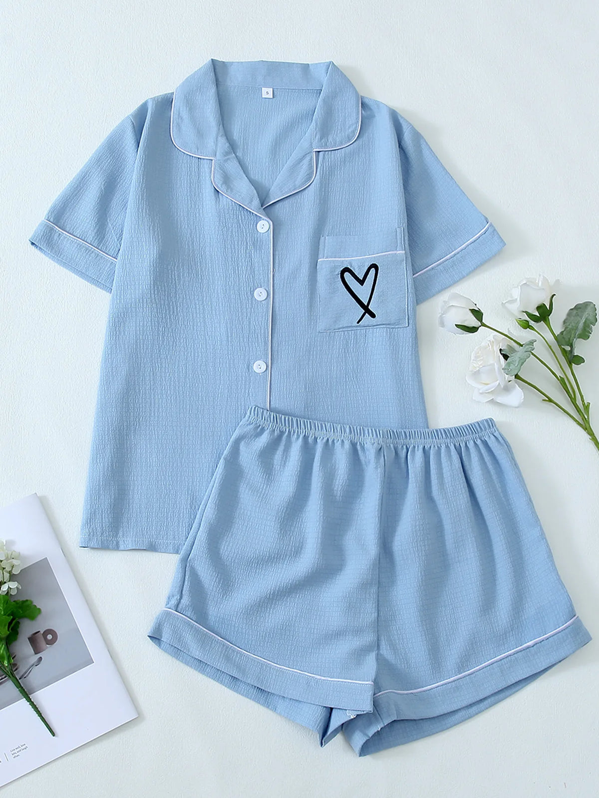 Women's Pajama Pocket Love Printed Pajamas Short Sleeve Top with Shorts Pajama Set Loungewear Pijama Pajamas for Women