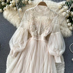 2 Pcs/Set Women Dress Suit Floral Embroidery See-through Lace Lantern Sleeves Pleated A-line Elastic Waist Dress Slip Dress Suit