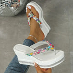 Colorful Pearls Wedge Flip Flops for Women Fashion Crystal Chunky Platform Sandals Woman Summer 2026 Thick Bottom Beach Slippers