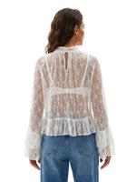 Womens Summer Sheer Shirts Flare Long Sleeve Mock Neck Lace Floral Tops Fashion Ruffled Peplum Hem Cropped T-shirts