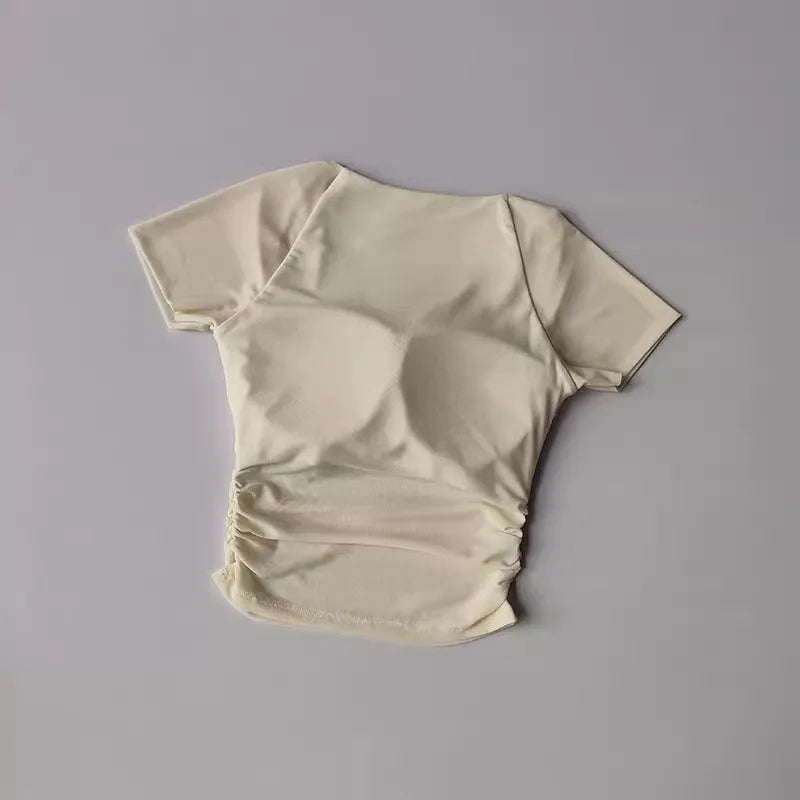 Women's yoga fitness short sleeved T-shirt, fixed chest cushion mesh fake two-piece yoga training fitness top