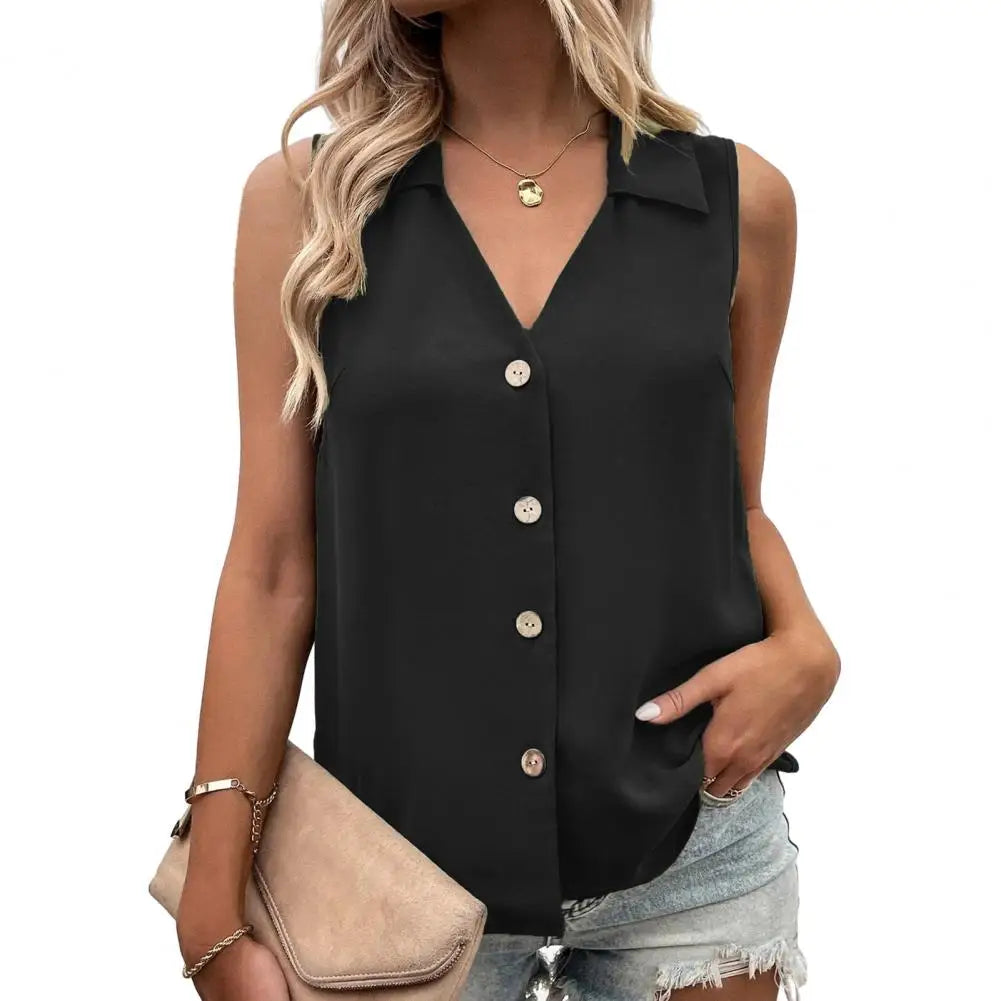Summer T-Shirt Women Vest Casual Tank Top Oversize V-Neck Sleeveless Button Single-breasted Mid Length Women Shirts