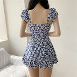 Vintage Blue Floral Print Korean Swimsuit Dress One Piece Swimwear Women 2026 Beach Wear Ruffled Drawstring Swimming Suit Bather