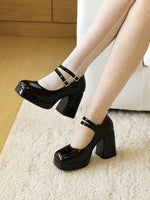 Women Silver Metallic Platform Mary Jane Shoes Double Rhinestone Buckle Chunky Block High Heels Y2K Vintage Square Toe Pumps