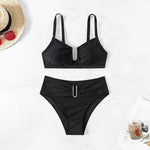 Solid Color High Waist Two Piece Swimsuit for Women U-neck Suspender Backless Bikini Set Beach Vacation Bathing Suit 2025 New