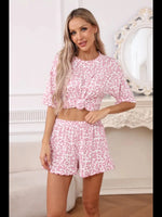 Leopard Print Pajama Set for Women Summer Sexy Crop Top and Shorts Loungewear Loose Short Sleeve Sleepwear Home Outfit