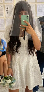 White lace embriodery summer beach dress women elegant hollow out lace up short dress off shoulder puff sleeve sheer dress 2025