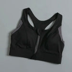 Women's sports and fitness bra with contrasting color design, shock-absorbing and gathered front zipper