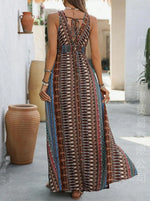 Bohemian Style Print Sleeveless Long Dresses Women Summer V-neck Backless Leace-up Slit Dress Casual Lady Vacation Vestidos
