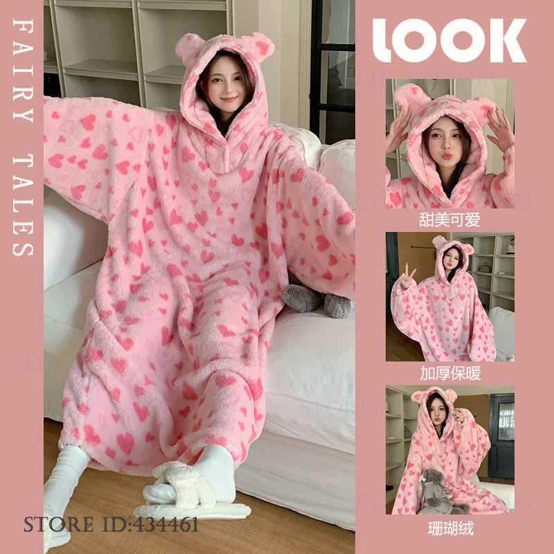 Thicken Flannel Cartoon Female Long Robe Hooded Nightgown Autumn Winter Sleepwear Home Clothes Loose Coral Fleece Warm Nightwear