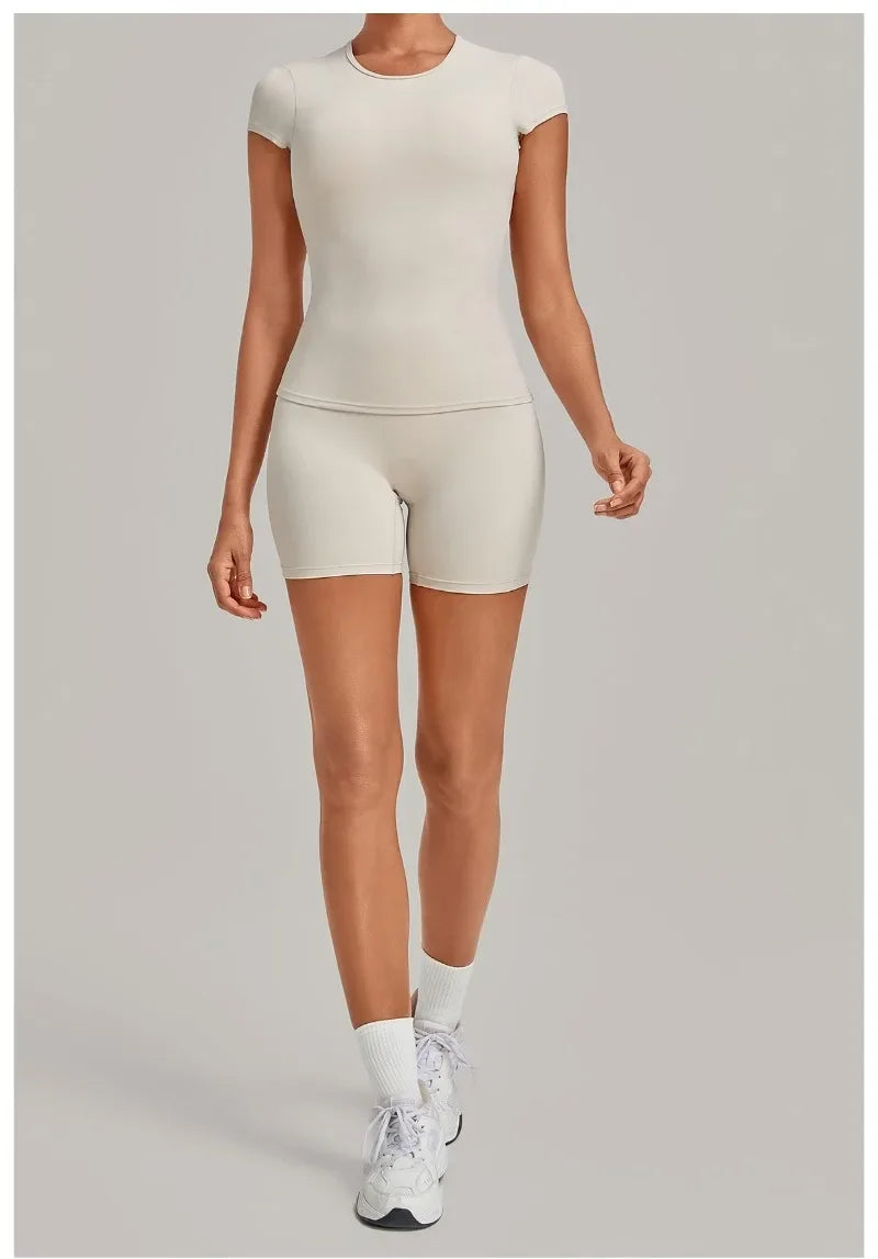 Women's Seamless Yoga Sets Sports Fitness Workout Hip-lifting High Waist Shorts Backless Short-sleeve Vest Suit Gym Training Set