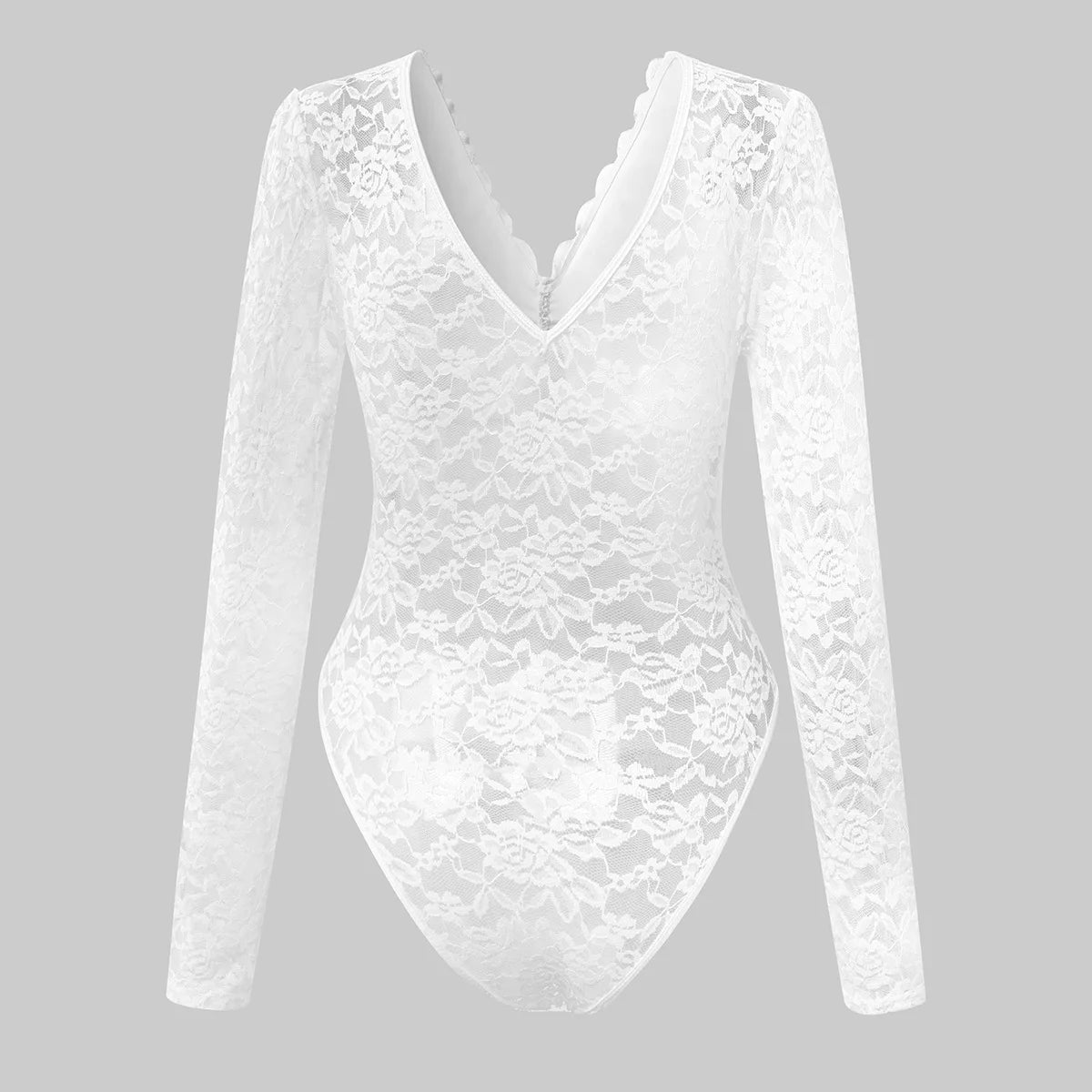 Sexy White Lace Bodysuit Women Solid Color Long Sleeve Sheer Corset Top Autumn Ruffles V Neck See Thourgh Slim Fit Jumpsuit