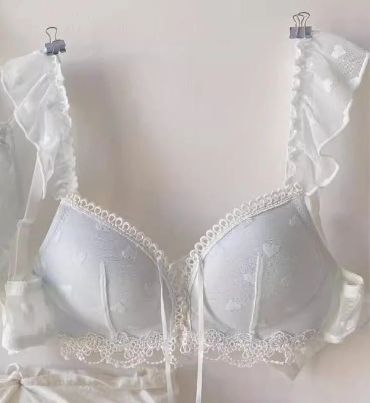Japanese Kawaii Heart Print Lingerie, Sweet Wireless Bralette Set for Small Breasts, Comfortable Anti-Sagging Everyday Bra Set