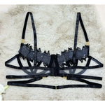 Toucheart Black Sexy See-through Mesh Interesting Hollow Out Underwear Skinny High Waisted Patchwork Steel Ring Underwear Set