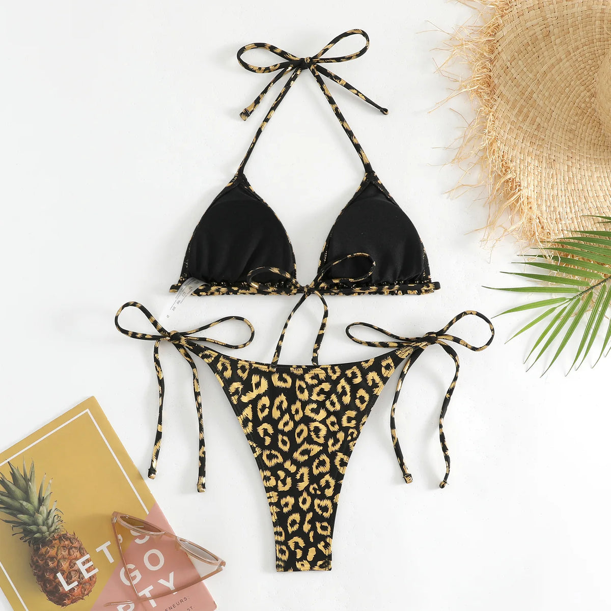 Sexy Orange Leopard Print Bikini Set 2024 Women Halter Push Up Bra Tie Side Thong Swimsuit Summer Backless Bathing Suit Swimwear