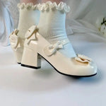 Lolita Style Cute Round Head Jane Pumps With Bow Women's Sweet Party Dress Midi Heels Shoes Fashion PU Sandals