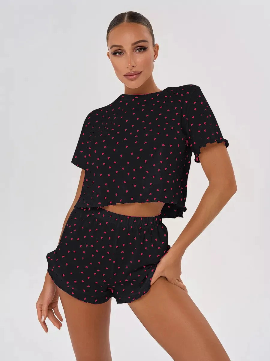 Heart Print Casual Round Neck Short Sleeve Shorts Two-piece Set Pajamas Set Women Summer Sleepwear Home Wear