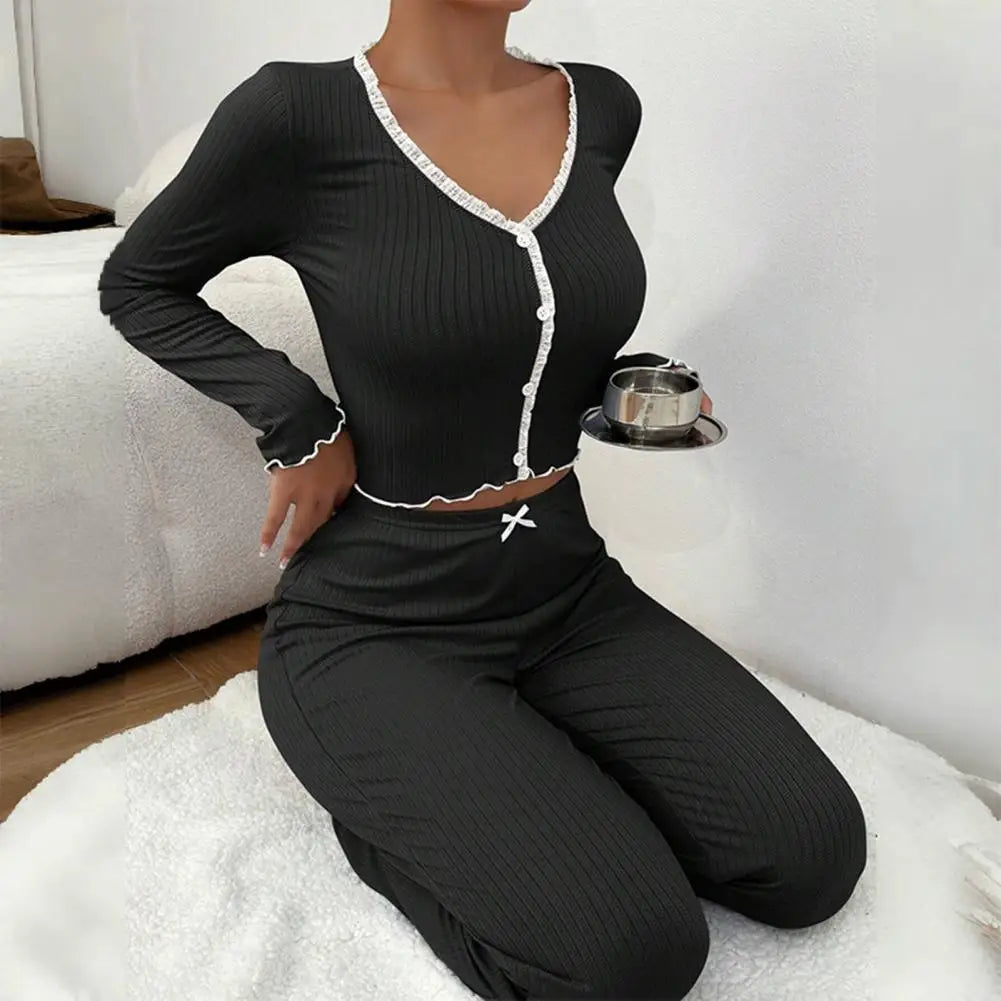 Womens Lace Trim Ribbed Knit Pajamas Set Long Sleeve Crop Top Wide Leg Pants Lounge Set 2 Piece Sleepwear