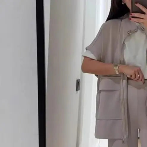 Women's Two Piece Outfit Casual Full Zip-up Short Sleeve Shirt And Wide Leg Pants Set Office Casual Lounge Tracksuit