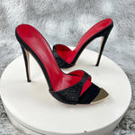 Diamond Black print high heeled slippers for women with thin heels, pointed toes exposed toes soles high heels 12cm sexy sandals