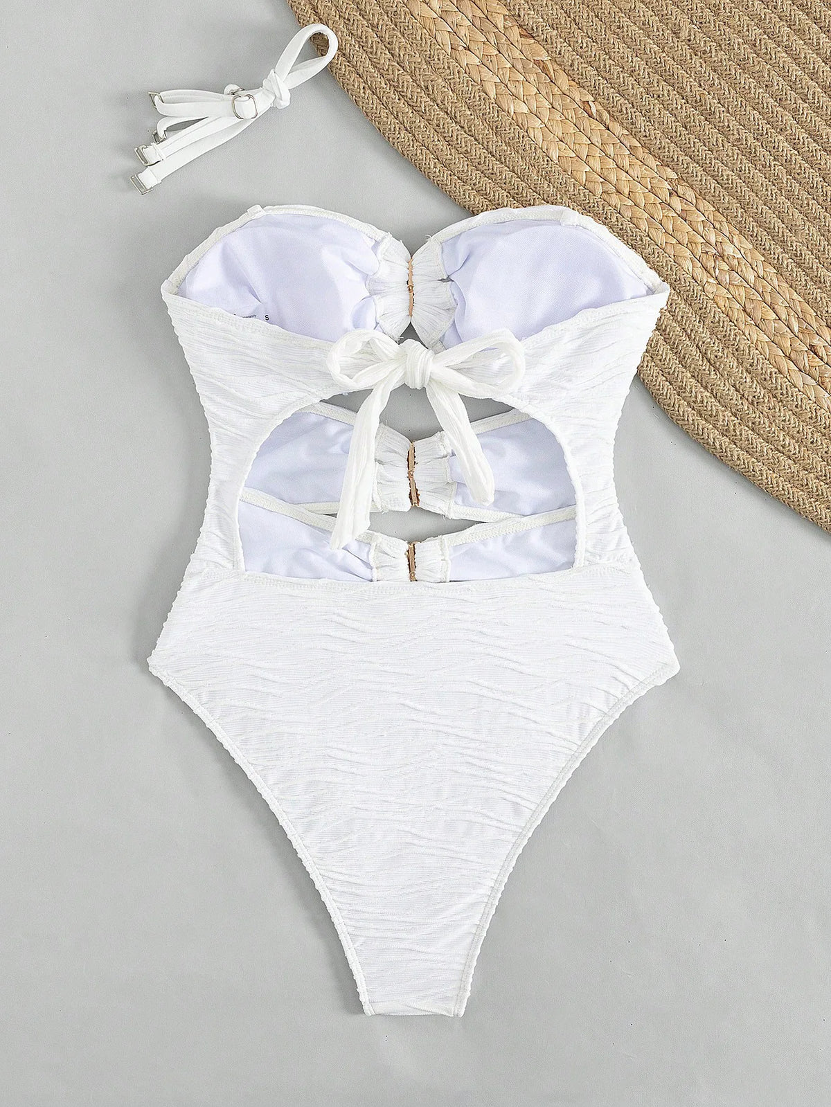 Sexy White Bandeau One Piece Swimsuit 2026 Women Metal 3D Flower Hollow Out Pleate Monokini summer Bathing Suit Holiday Swimwear