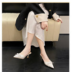 Patent Leather Bowknot Mule Slides Woman Pointed Toe Kitten Heel Pump Sandals LadiesBright Color Evening Party Dress Shoes