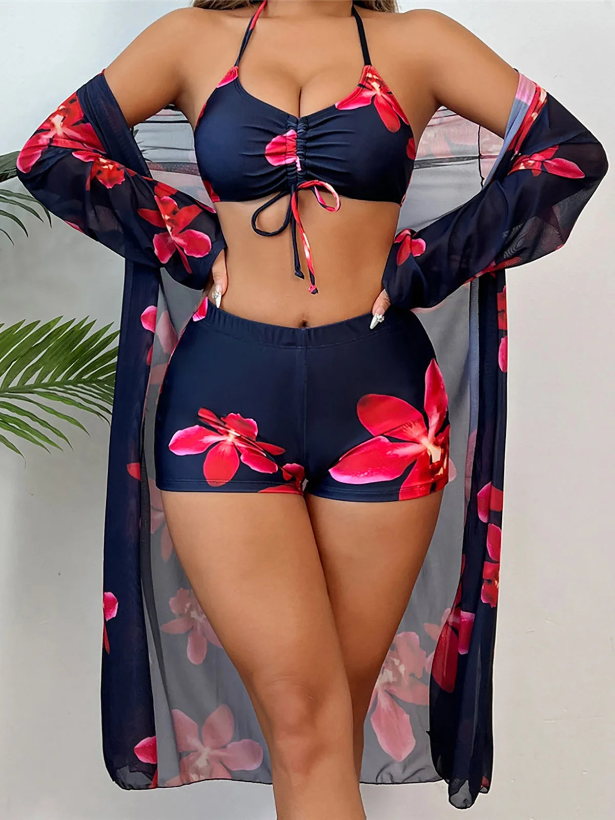 S - XL Long Sleeve Cover Up Flowers Bikini Female Swimsuit Three-Pieces Bikini Set Women Swimwear Bather Bathing Suit Swim V7232