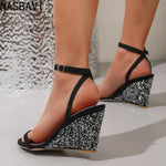 Summer Wedges Shiny Rhinestone High Heels Gladiator Retro French Buckle Strap Roman SandalsPlatform Zapatos De Mujer New 35-42