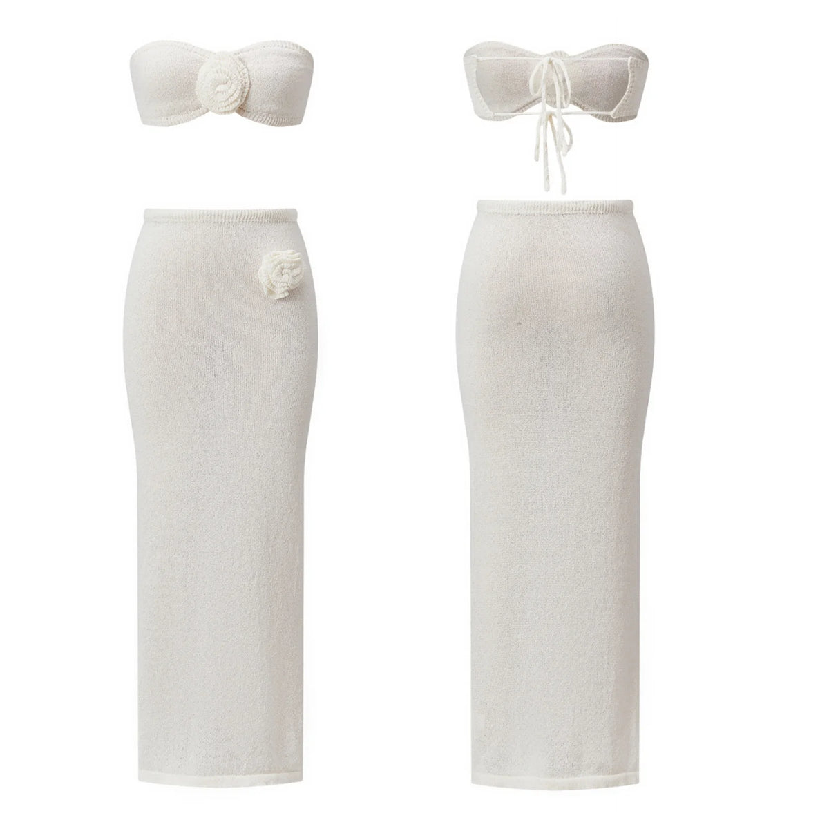 Women’s Two Piece Knit Summer Outfits Strapless 3D Flower Tube Tops and Long Skirt Set Beachwear Sexy Club Holiday Clothes