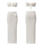 Women’s Two Piece Knit Summer Outfits Strapless 3D Flower Tube Tops and Long Skirt Set Beachwear Sexy Club Holiday Clothes