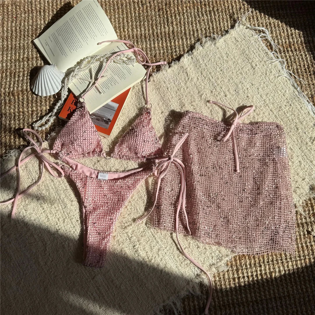 3PCS With Hollow Out Skirt Halter Bikini Female Swimsuit Women Swimwear Three-pieces Bikini Set Bather Bathing Suit Swim V6451