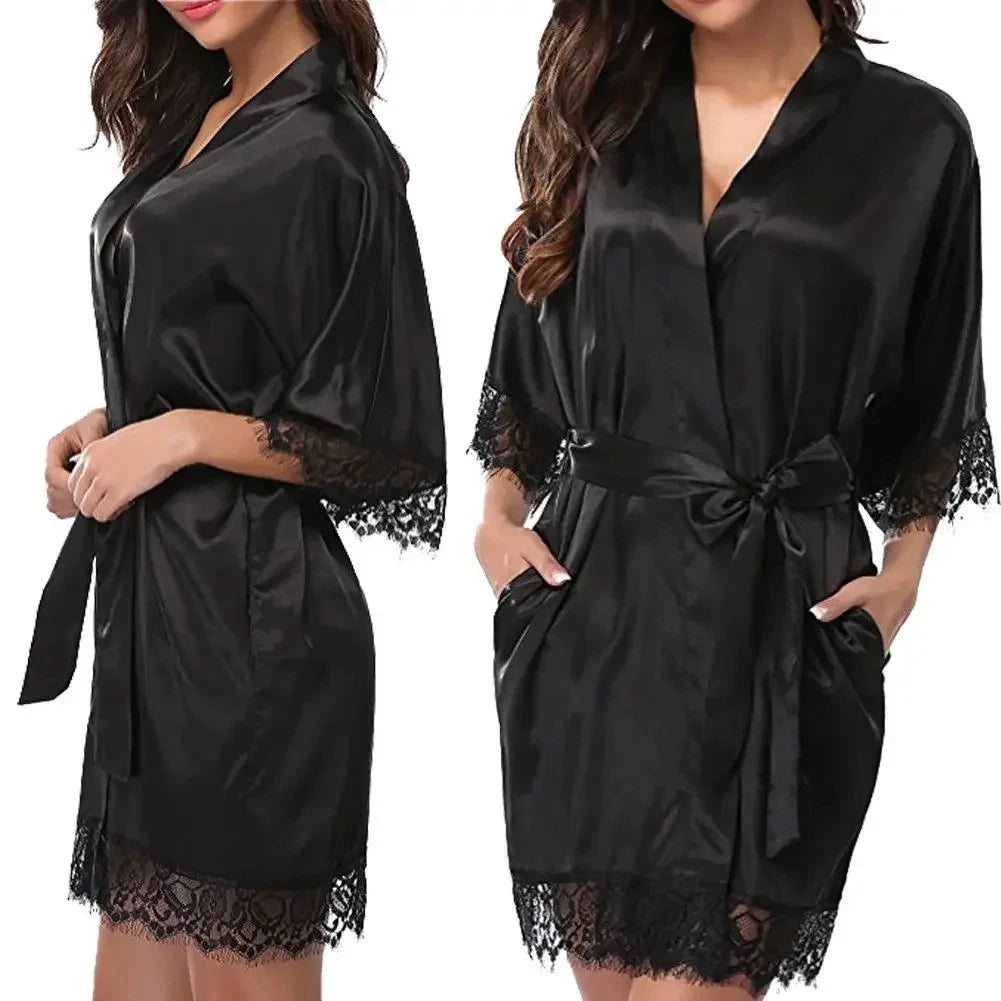 WomenElegant Lightweight Black Satin Robe with Delicate Lace Trim Perfect for Lounging Sleepwear or Bridesmaids