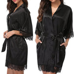 WomenElegant Lightweight Black Satin Robe with Delicate Lace Trim Perfect for Lounging Sleepwear or Bridesmaids