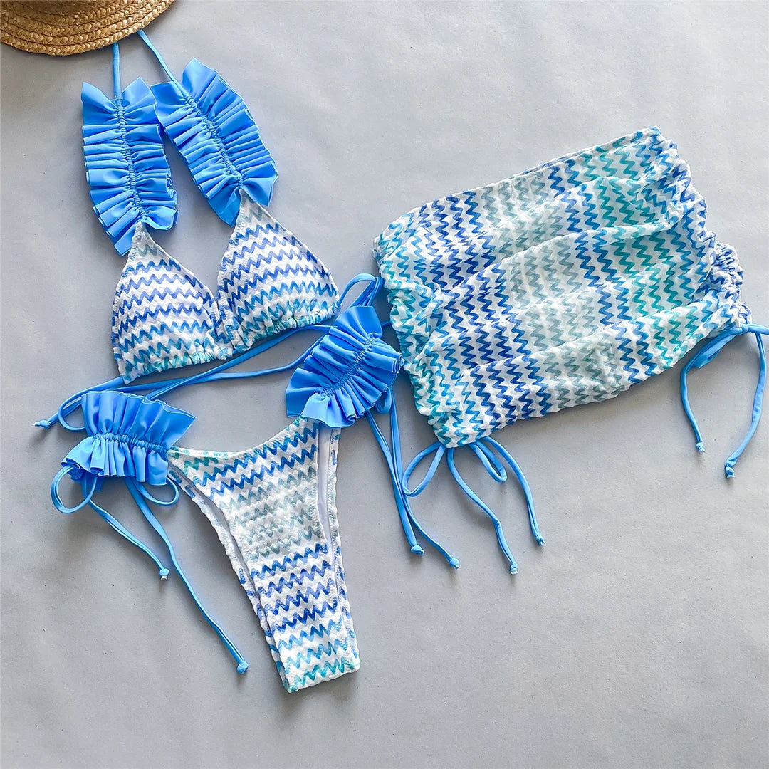 Blue Three-pieces Bikini set With Skirt Waved Ruffled Frilled Bikini Female Swimsuit Women Swimwear Bather Bathing Suit V5235C