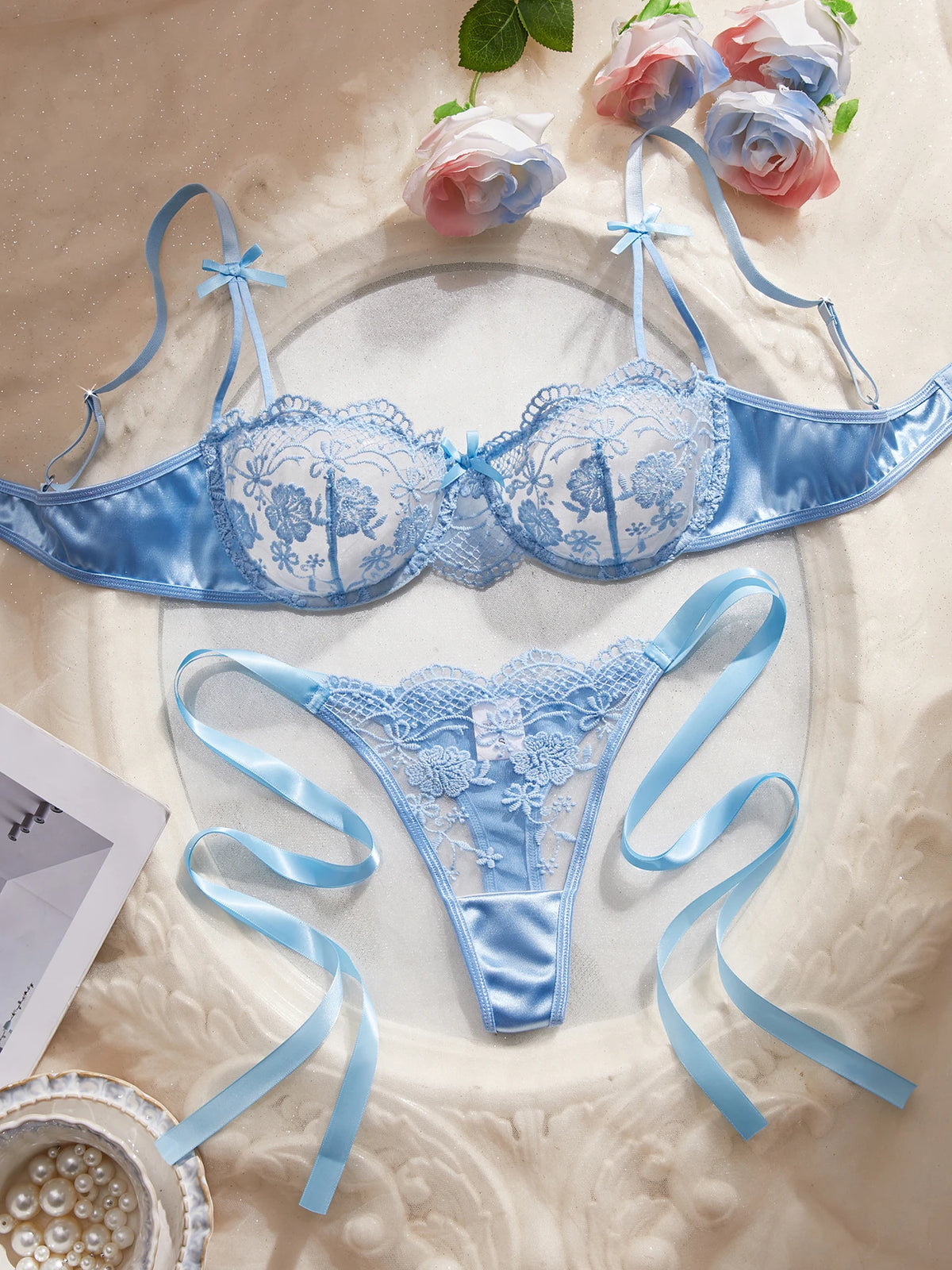 Lady Floral Embroidery Lingerie Set Women Sheer Bra and Brief Underwear Set Satin Sexy Intimates Underwear