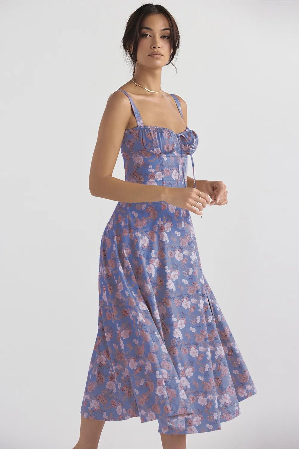 Sexy Low Cut Spaghetti Strap Maxi Dresses For Women Color Flower Printed Chest Wrap Bowknot Leace-up Long Dress Elegant Vestidos